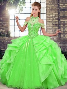 Glorious Green Sleeveless Beading and Ruffles Floor Length 15th Birthday Dress