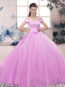 Cheap Floor Length Lilac Quinceanera Dresses Tulle Short Sleeves Lace and Hand Made Flower