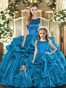 Pretty Teal 15 Quinceanera Dress Military Ball and Sweet 16 and Quinceanera with Ruffles Scoop Sleeveless Lace Up