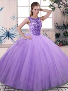 Dazzling Lavender Sleeveless Tulle Lace Up Sweet 16 Dresses for Military Ball and Sweet 16 and Quinceanera