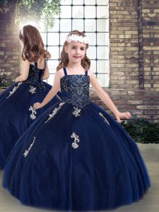  Ball Gowns Little Girl Pageant Dress Navy Blue Straps Tulle Sleeveless Floor Length Lace Up