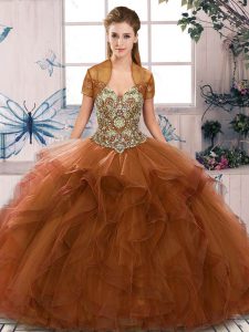  Brown Sleeveless Tulle Lace Up Quinceanera Dress for Military Ball and Sweet 16 and Quinceanera