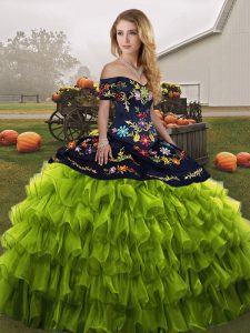  Olive Green Ball Gowns Off The Shoulder Sleeveless Organza Floor Length Lace Up Embroidery and Ruffled Layers Sweet 16 Quinceanera Dress