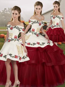  Wine Red Ball Gowns Tulle Off The Shoulder Sleeveless Embroidery and Ruffled Layers Lace Up Sweet 16 Quinceanera Dress Brush Train