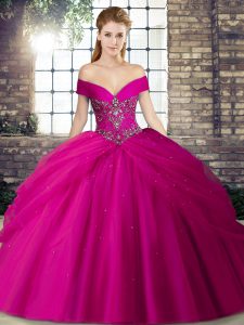 Fine Fuchsia Tulle Lace Up Off The Shoulder Sleeveless 15 Quinceanera Dress Brush Train Beading and Pick Ups