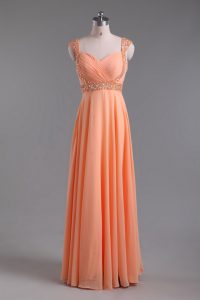  Sleeveless Floor Length Beading Backless Prom Dresses with Orange