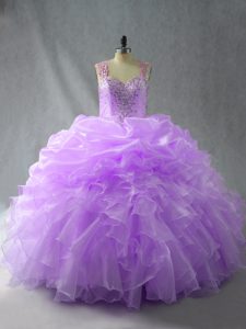 Lovely Lavender Zipper Straps Beading and Ruffles Quinceanera Gown Organza Sleeveless