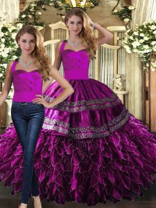 Hot Sale Fuchsia Sleeveless Floor Length Embroidery and Ruffles Lace Up Quinceanera Dress