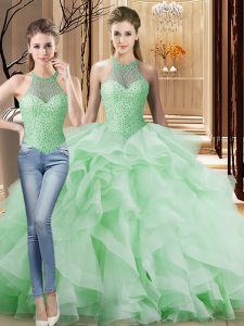 Captivating Apple Green 15 Quinceanera Dress Organza Brush Train Sleeveless Beading and Ruffles