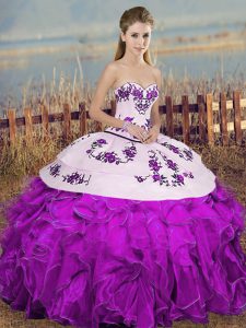 Graceful Sleeveless Organza Floor Length Lace Up Vestidos de Quinceanera in White And Purple with Embroidery and Ruffles and Bowknot
