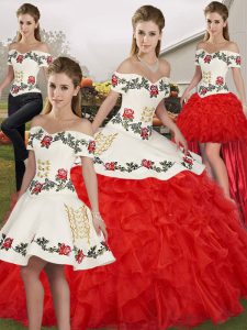 Artistic White And Red Sleeveless Organza Lace Up Quince Ball Gowns for Military Ball and Sweet 16 and Quinceanera