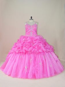  Sleeveless Beading and Appliques and Pick Ups Lace Up Quinceanera Dresses with Baby Pink Brush Train