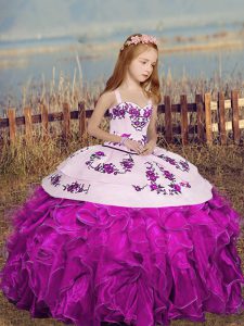  Fuchsia Ball Gowns Organza Straps Sleeveless Embroidery and Ruffles Floor Length Lace Up Little Girl Pageant Gowns