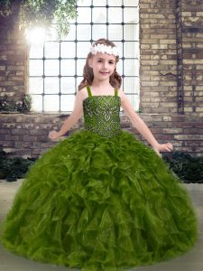  Floor Length Lace Up Little Girls Pageant Dress Wholesale Olive Green for Party and Military Ball and Wedding Party with Beading and Ruffles