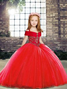 Perfect Straps Sleeveless Brush Train Lace Up Little Girl Pageant Gowns Red Tulle