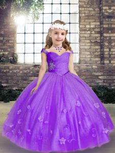 Fancy Beading and Hand Made Flower Little Girls Pageant Gowns Lavender Lace Up Sleeveless