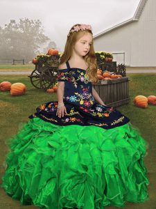 Super Ball Gowns Straps Sleeveless Organza Floor Length Lace Up Embroidery and Ruffles Little Girl Pageant Dress