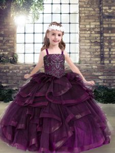 Most Popular Beading and Ruffles Kids Formal Wear Eggplant Purple Lace Up Sleeveless Floor Length