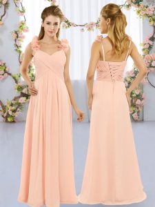 Stylish Hand Made Flower Quinceanera Court Dresses Peach Lace Up Sleeveless Floor Length