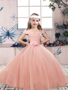 Dramatic Sleeveless Lace and Belt Lace Up Pageant Gowns For Girls