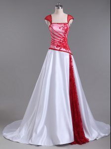 Decent White And Red Lace Up Prom Gown Lace and Appliques Cap Sleeves Court Train