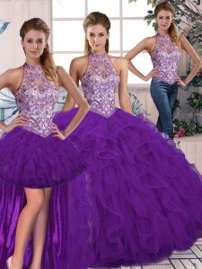  Floor Length Lace Up Quinceanera Dress Purple for Military Ball and Sweet 16 and Quinceanera with Beading and Ruffles