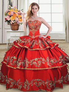 Best Selling Floor Length Red Quinceanera Dresses Satin and Organza Sleeveless Embroidery and Ruffled Layers