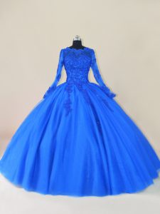 Suitable Long Sleeves Floor Length Lace and Appliques Zipper Ball Gown Prom Dress with Royal Blue