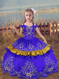 Exquisite Floor Length Ball Gowns Sleeveless Blue Girls Pageant Dresses Lace Up