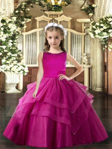 Perfect Fuchsia Lace Up Scoop Ruffled Layers Little Girl Pageant Dress Tulle Sleeveless
