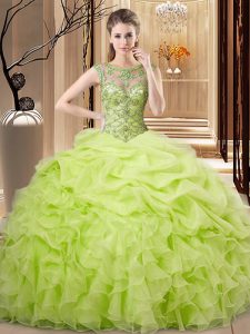 Pretty Scoop Sleeveless Lace Up 15th Birthday Dress Yellow Green Organza