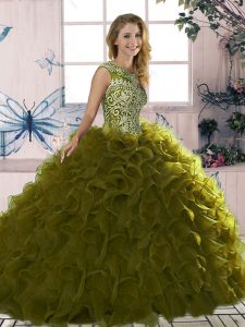 Traditional Olive Green Scoop Neckline Beading and Ruffles Sweet 16 Dresses Sleeveless Lace Up