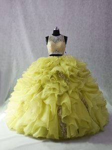 Enchanting Scoop Sleeveless Quinceanera Gown Brush Train Beading and Ruffles Yellow Green Organza and Sequined
