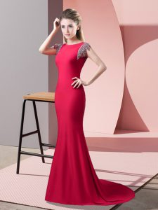 Hot Sale Coral Red Prom Dresses High-neck Short Sleeves Brush Train Backless