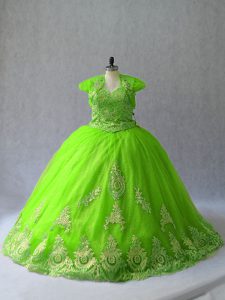  Sleeveless Court Train Lace Up Appliques Quinceanera Gown