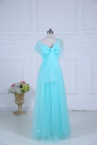  Aqua Blue Empire Straps Sleeveless Tulle Floor Length Zipper Ruching Dama Dress for Quinceanera