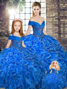 Eye-catching Ball Gowns Ball Gown Prom Dress Royal Blue Off The Shoulder Organza Sleeveless Floor Length Lace Up
