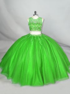 Low Price Green Tulle Lace Up Quinceanera Gown Sleeveless Floor Length Beading and Appliques