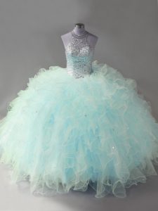  Light Blue Mermaid Tulle Halter Top Sleeveless Beading and Ruffles Floor Length Lace Up Quince Ball Gowns
