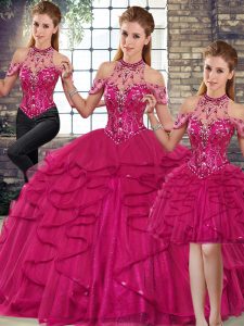  Fuchsia Halter Top Neckline Beading and Ruffles Sweet 16 Quinceanera Dress Sleeveless Lace Up