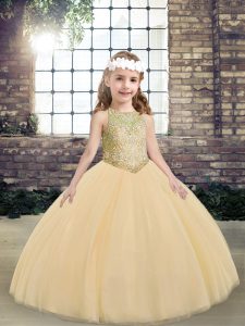  Peach Tulle Lace Up Scoop Sleeveless Floor Length Child Pageant Dress Beading