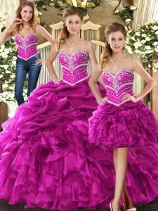 Customized Sleeveless Floor Length Beading and Ruffles Lace Up Quince Ball Gowns with Fuchsia