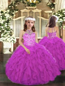 Inexpensive Fuchsia Sleeveless Floor Length Beading and Ruffles Lace Up Little Girls Pageant Dress Wholesale