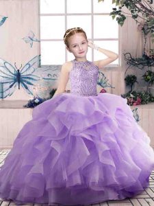  Lavender Ball Gowns Beading and Ruffles Pageant Gowns For Girls Zipper Organza Sleeveless Floor Length
