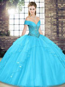 Eye-catching Off The Shoulder Sleeveless Lace Up Quinceanera Gown Aqua Blue Tulle