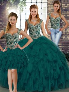 Delicate Peacock Green Three Pieces Straps Sleeveless Organza Floor Length Lace Up Beading and Ruffles Sweet 16 Dress