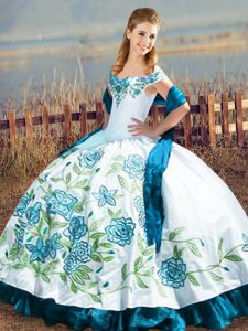 Shining Embroidery and Ruffles 15th Birthday Dress Blue And White Lace Up Sleeveless Floor Length