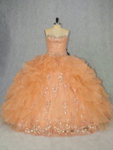  Orange Ball Gowns Beading and Ruffles Ball Gown Prom Dress Lace Up Organza Sleeveless