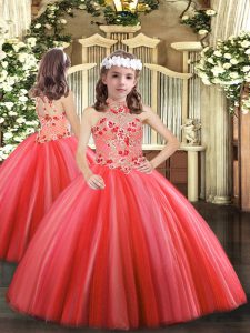 Best Coral Red Halter Top Lace Up Appliques Little Girl Pageant Gowns Sleeveless