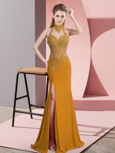  Floor Length Gold Prom Evening Gown Chiffon Sleeveless Lace and Appliques
